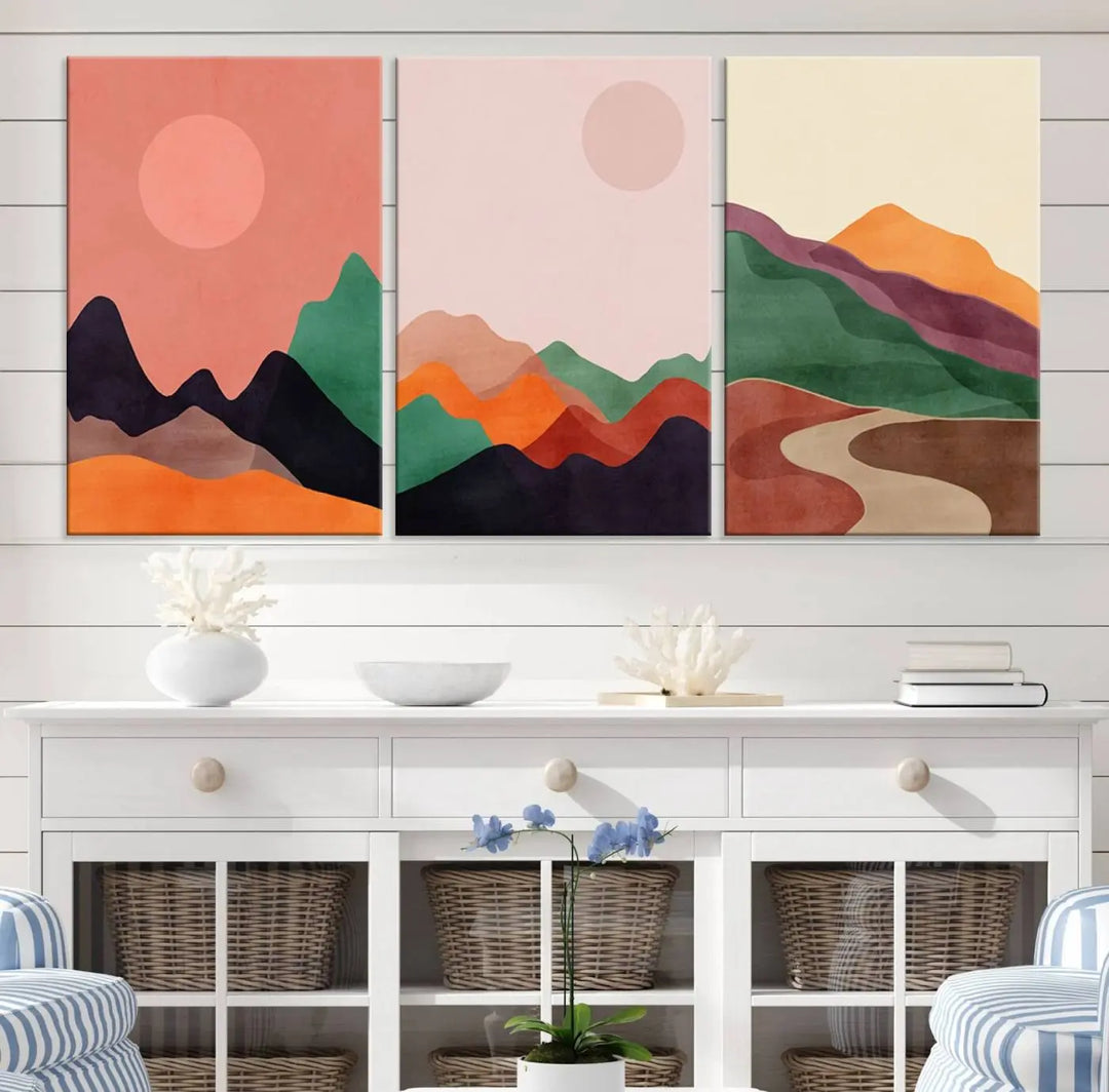 The Boho Wall Art Canvas Print Set, featuring mid-century bohemian prints on ready-to-hang museum-quality canvases, enhances the modern living room.