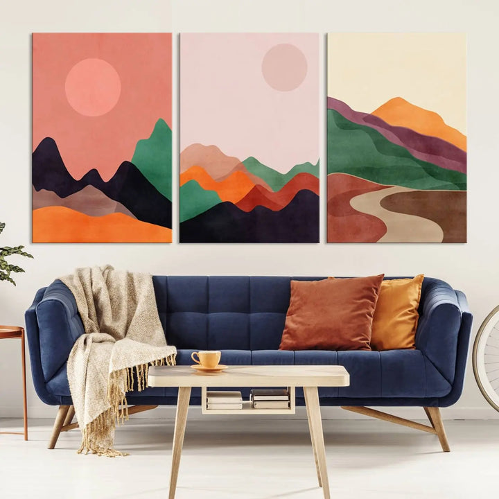 The Boho Wall Art Canvas Print Set, featuring mid-century bohemian prints on ready-to-hang museum-quality canvases, enhances the modern living room.