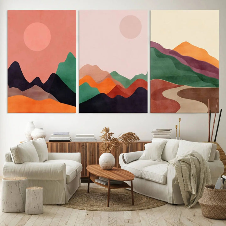 The Boho Wall Art Canvas Print Set, featuring mid-century bohemian prints on ready-to-hang museum-quality canvases, enhances the modern living room.