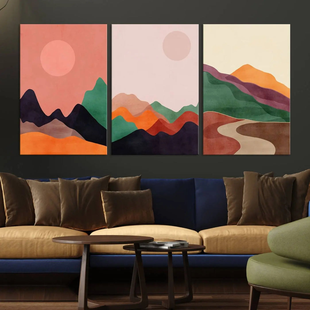 The Boho Wall Art Canvas Print Set, featuring mid-century bohemian prints on ready-to-hang museum-quality canvases, enhances the modern living room.