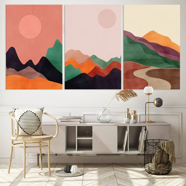 The Boho Wall Art Canvas Print Set, featuring mid-century bohemian prints on ready-to-hang museum-quality canvases, enhances the modern living room.