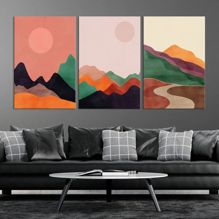 The Boho Wall Art Canvas Print Set, featuring mid-century bohemian prints on ready-to-hang museum-quality canvases, enhances the modern living room.