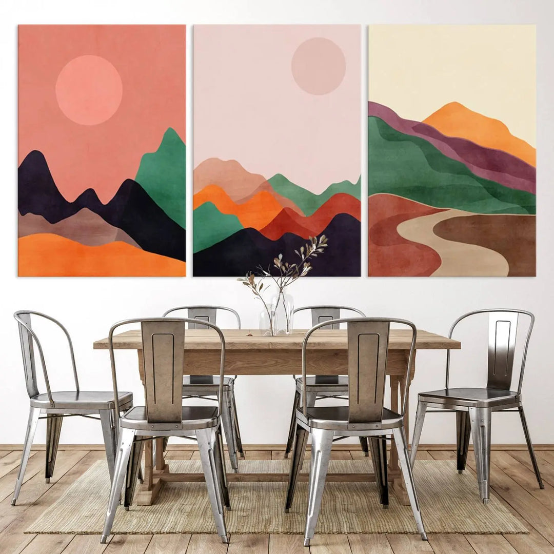 The Boho Wall Art Canvas Print Set, featuring mid-century bohemian prints on ready-to-hang museum-quality canvases, enhances the modern living room.