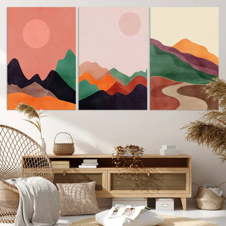 The Boho Wall Art Canvas Print Set, featuring mid-century bohemian prints on ready-to-hang museum-quality canvases, enhances the modern living room.