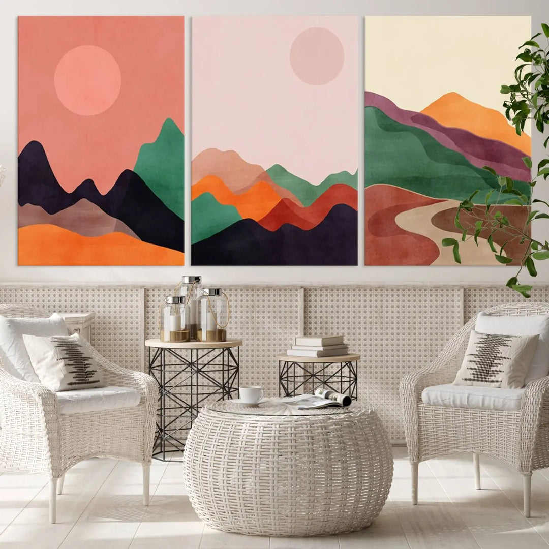 The Boho Wall Art Canvas Print Set, featuring mid-century bohemian prints on ready-to-hang museum-quality canvases, enhances the modern living room.