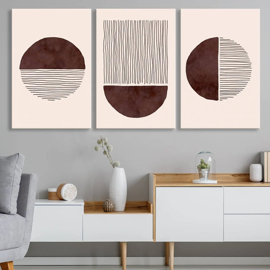 A set of Boho Wall Art Canvas Print, featuring mid-century bohemian designs, adorns the wall. Printed on museum-quality canvas with a gallery wrap, these pieces remain vibrant and pristine over time.