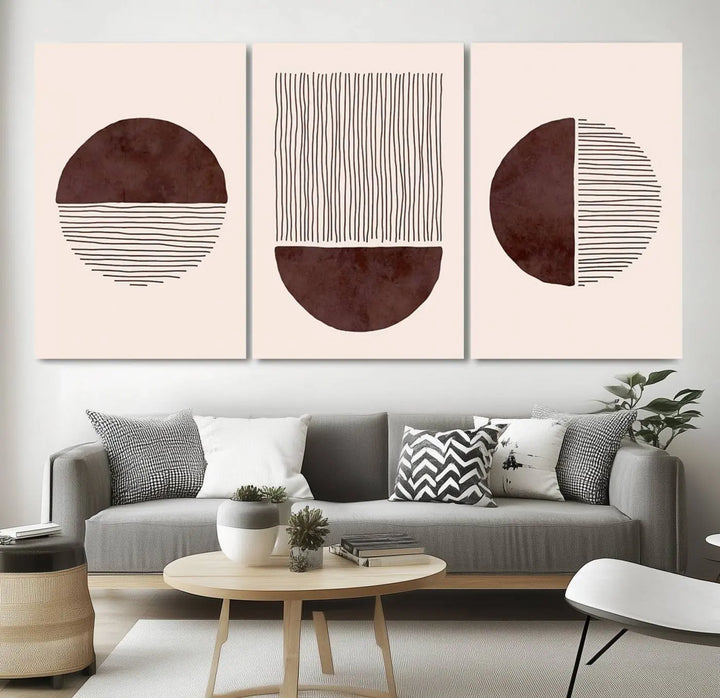 A set of Boho Wall Art Canvas Print, featuring mid-century bohemian designs, adorns the wall. Printed on museum-quality canvas with a gallery wrap, these pieces remain vibrant and pristine over time.