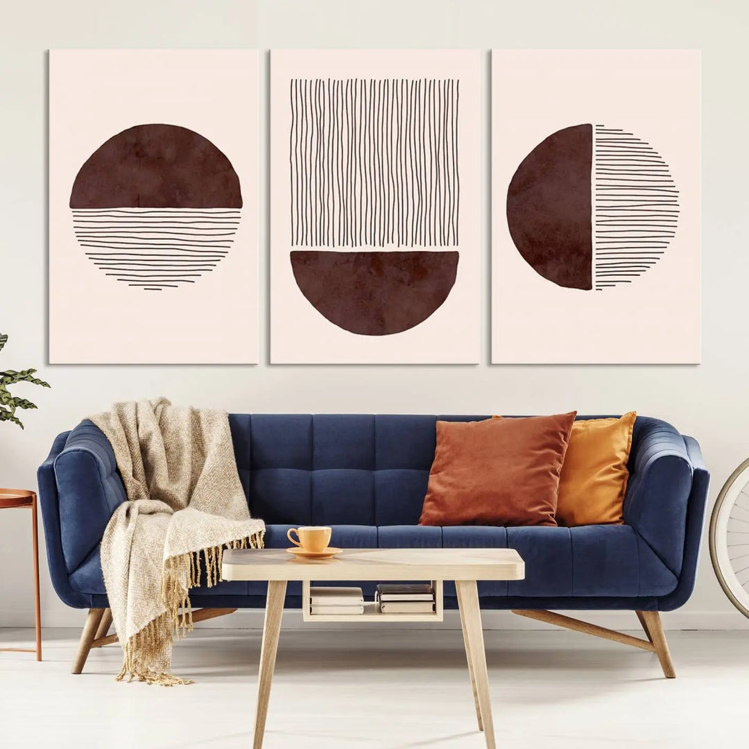 A set of Boho Wall Art Canvas Print, featuring mid-century bohemian designs, adorns the wall. Printed on museum-quality canvas with a gallery wrap, these pieces remain vibrant and pristine over time.