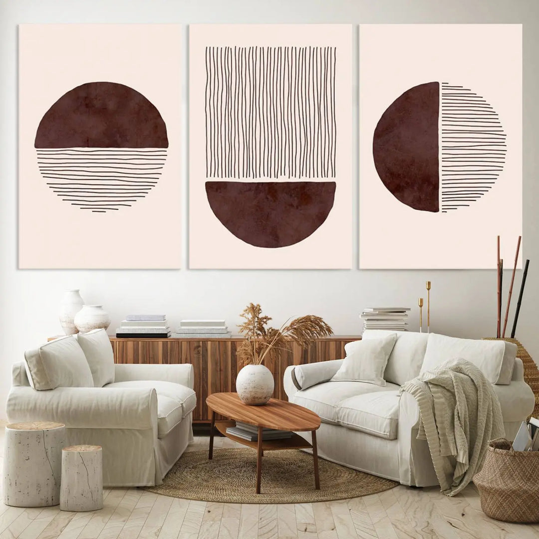 A set of Boho Wall Art Canvas Print, featuring mid-century bohemian designs, adorns the wall. Printed on museum-quality canvas with a gallery wrap, these pieces remain vibrant and pristine over time.