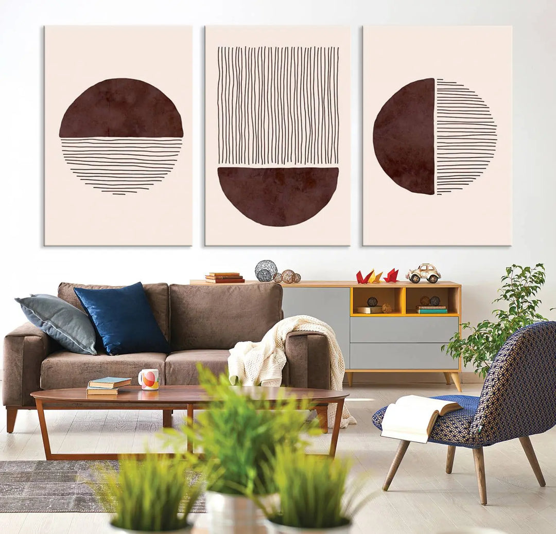 A set of Boho Wall Art Canvas Print, featuring mid-century bohemian designs, adorns the wall. Printed on museum-quality canvas with a gallery wrap, these pieces remain vibrant and pristine over time.