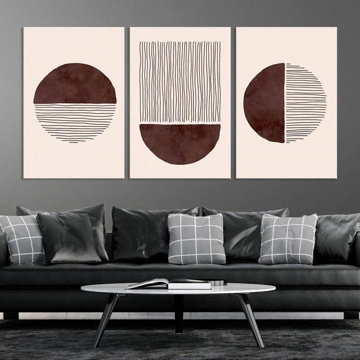 A set of Boho Wall Art Canvas Print, featuring mid-century bohemian designs, adorns the wall. Printed on museum-quality canvas with a gallery wrap, these pieces remain vibrant and pristine over time.