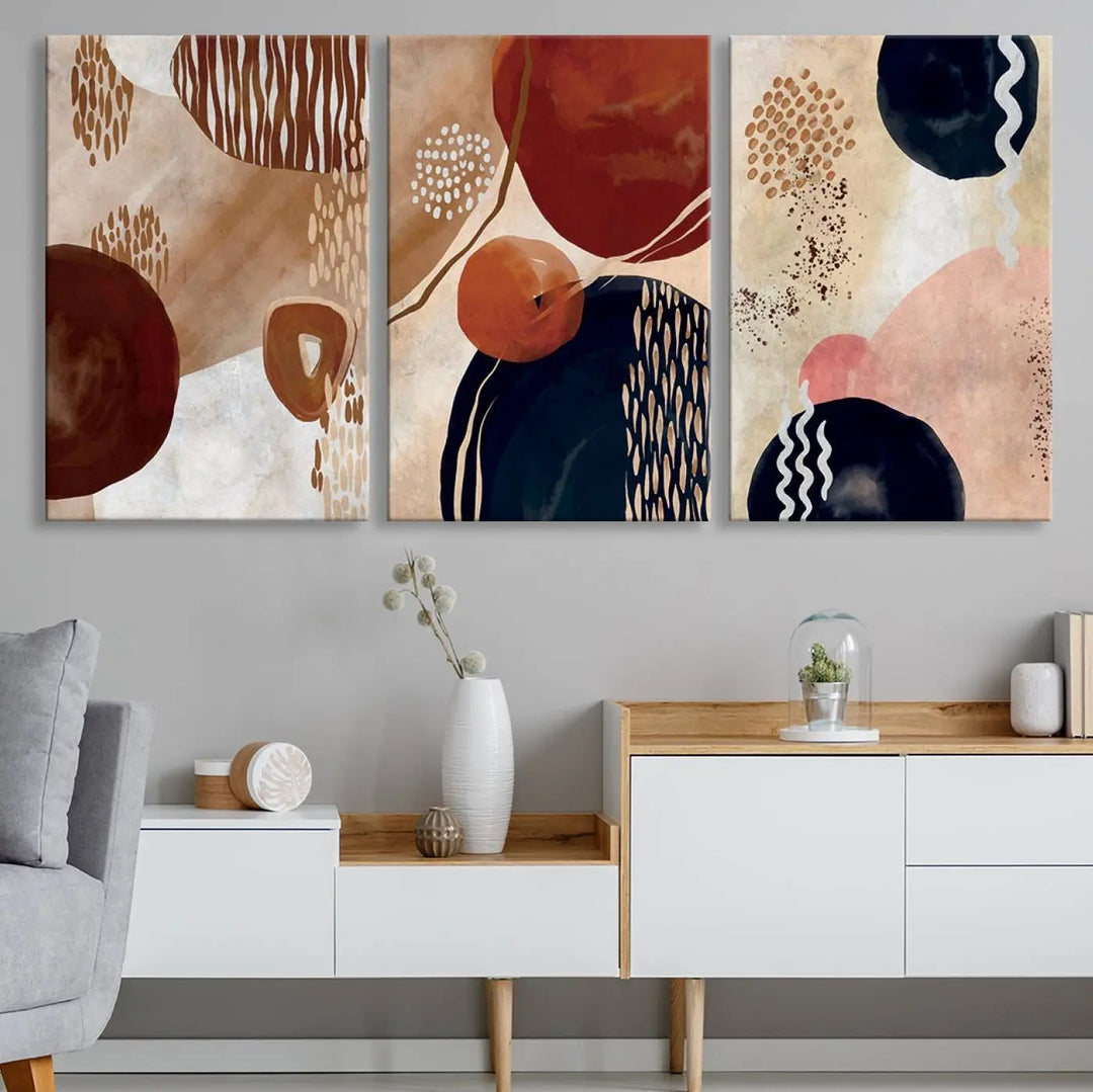 The Boho Neutral Wall Art Canvas Print Set features mid-century and bohemian designs with earthy tones and geometric shapes. This museum-quality piece is expertly crafted by professional craftsmen, adding sophistication and elegance to your space.