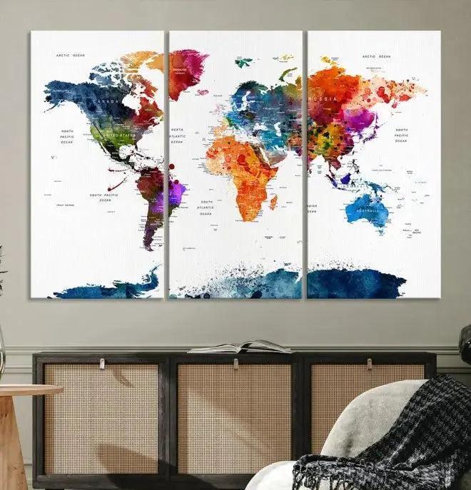 Bold & Colorful World Map Multi-Panel Framed Canvas Print | Ready to Hang Art for Living Room & Office | Modern Geographical Wall Decor