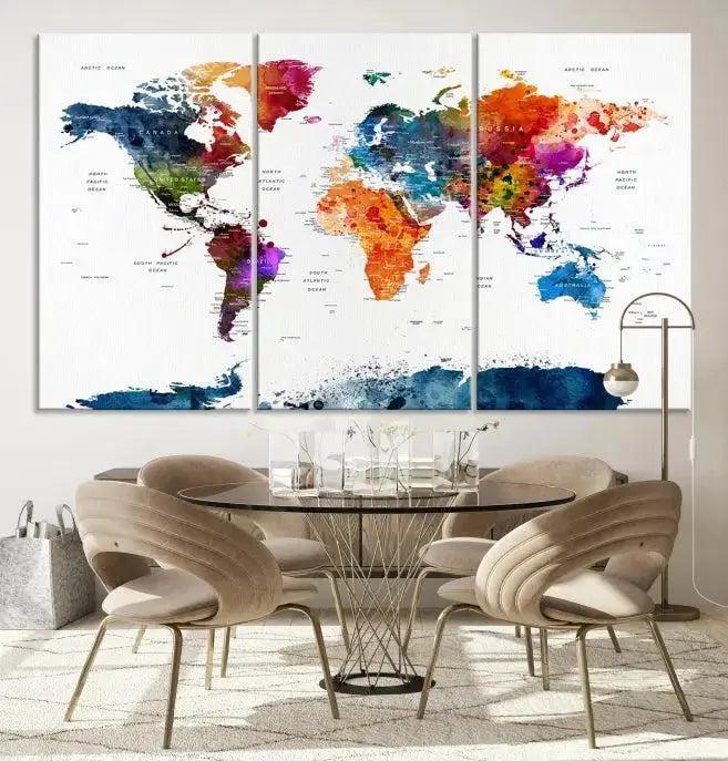 Bold & Colorful World Map Multi-Panel Framed Canvas Print | Ready to Hang Art for Living Room & Office | Modern Geographical Wall Decor