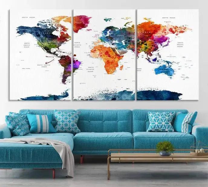 Bold & Colorful World Map Multi-Panel Framed Canvas Print | Ready to Hang Art for Living Room & Office | Modern Geographical Wall Decor
