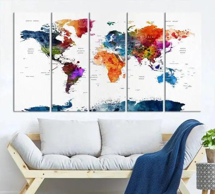 Edit-Images-Bold & Colorful World Map Multi-Panel Framed Canvas Print | Ready to Hang Art for Living Room & Office | Modern Geographical Wall Decor