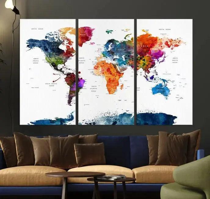 Bold & Colorful World Map Multi-Panel Framed Canvas Print | Ready to Hang Art for Living Room & Office | Modern Geographical Wall Decor