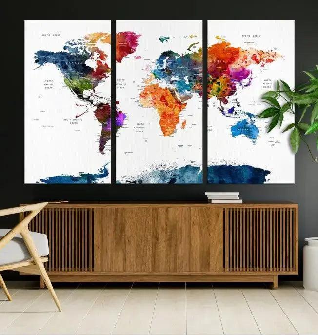 Edit-Images-Bold & Colorful World Map Multi-Panel Framed Canvas Print | Ready to Hang Art for Living Room & Office | Modern Geographical Wall Decor