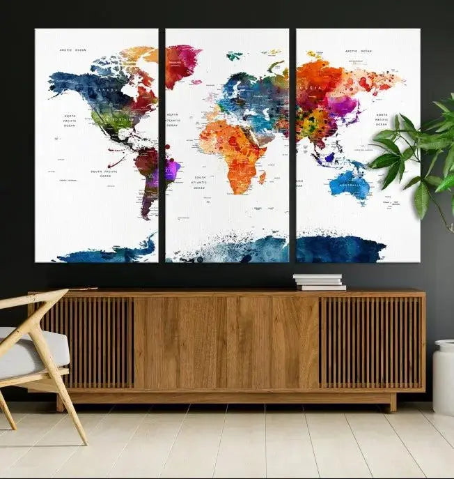 Bold & Colorful World Map Multi-Panel Framed Canvas Print | Ready to Hang Art for Living Room & Office | Modern Geographical Wall Decor