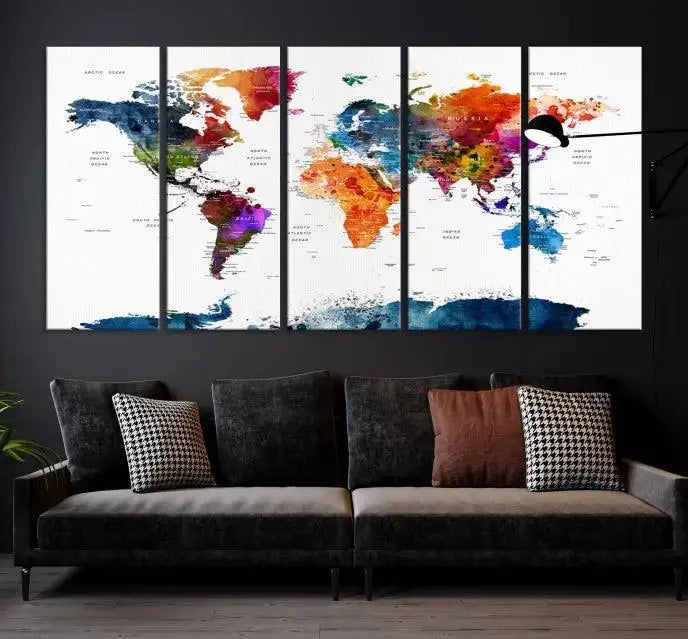 Bold & Colorful World Map Multi-Panel Framed Canvas Print | Ready to Hang Art for Living Room & Office | Modern Geographical Wall Decor