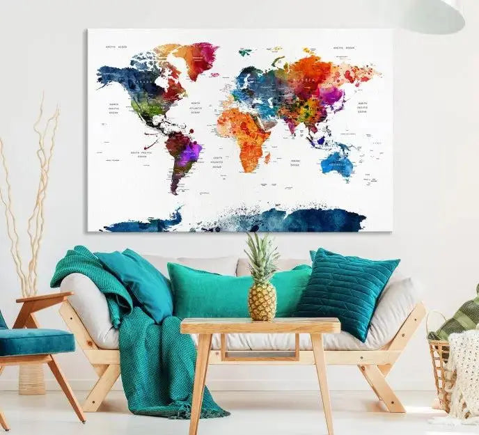 Bold & Colorful World Map Multi-Panel Framed Canvas Print | Ready to Hang Art for Living Room & Office | Modern Geographical Wall Decor