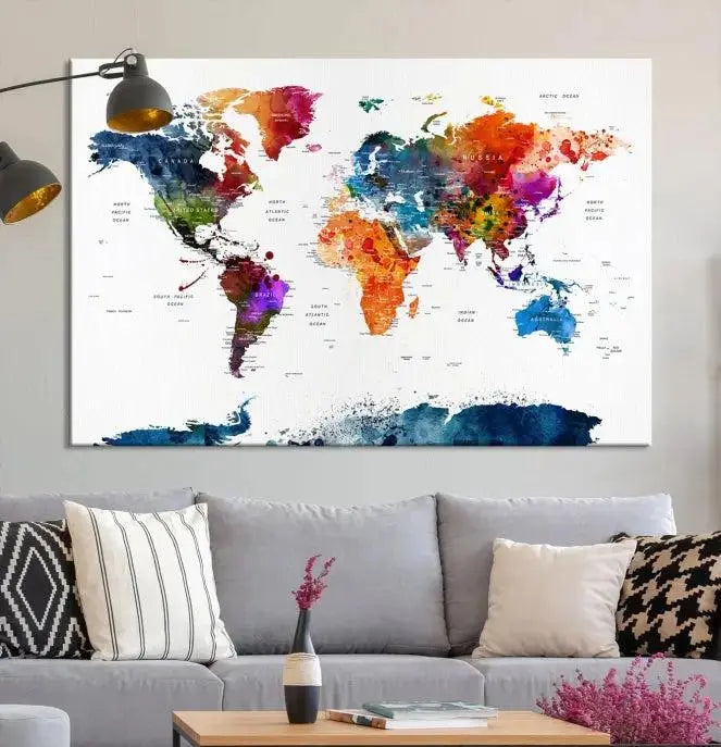 Bold & Colorful World Map Multi-Panel Framed Canvas Print | Ready to Hang Art for Living Room & Office | Modern Geographical Wall Decor
