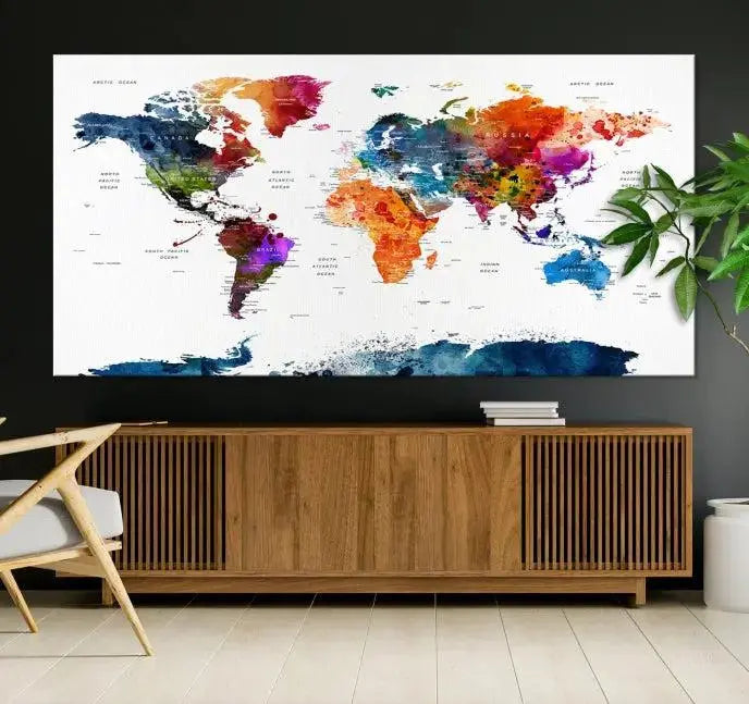 Bold & Colorful World Map Multi-Panel Framed Canvas Print | Ready to Hang Art for Living Room & Office | Modern Geographical Wall Decor