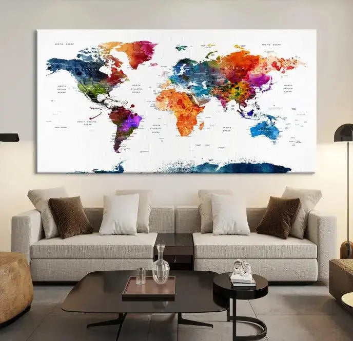 Bold & Colorful World Map Multi-Panel Framed Canvas Print | Ready to Hang Art for Living Room & Office | Modern Geographical Wall Decor