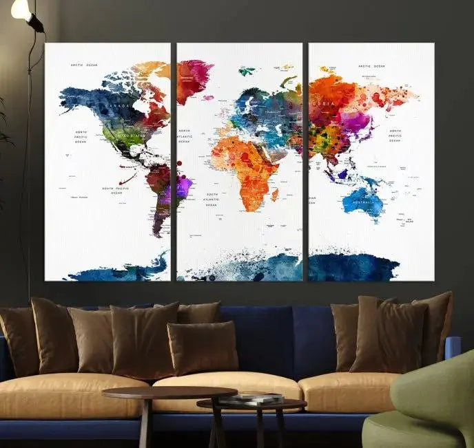 Bold & Colorful World Map Multi-Panel Framed Canvas Print | Ready to Hang Art for Living Room & Office | Modern Geographical Wall Decor