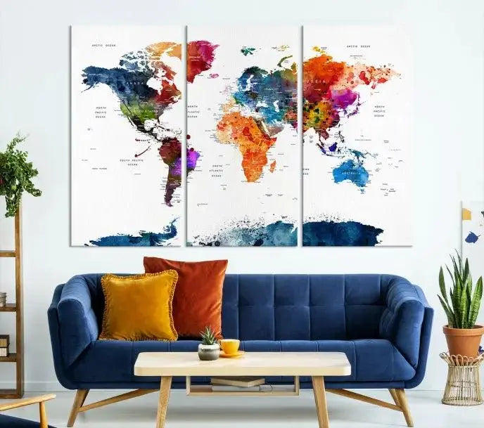 Bold & Colorful World Map Multi-Panel Framed Canvas Print | Ready to Hang Art for Living Room & Office | Modern Geographical Wall Decor