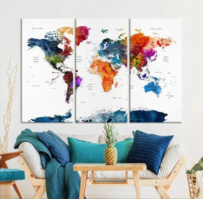 Bold & Colorful World Map Multi-Panel Framed Canvas Print | Ready to Hang Art for Living Room & Office | Modern Geographical Wall Decor