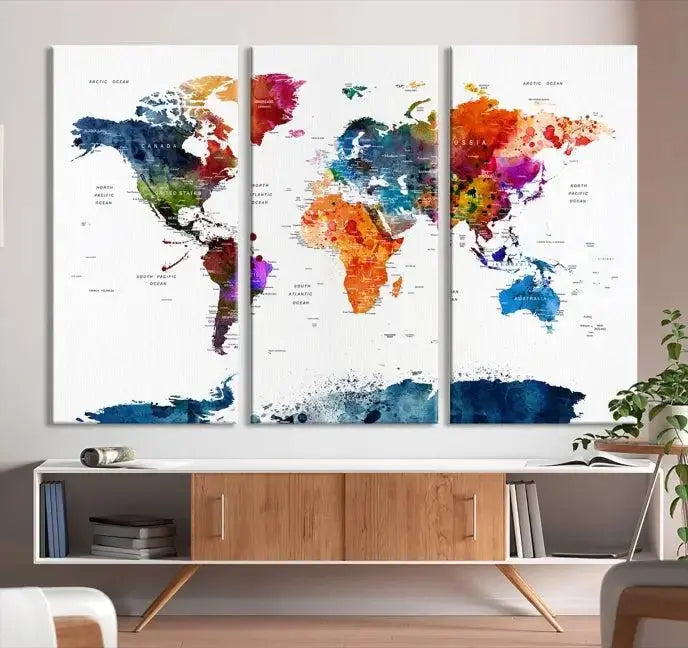 Bold & Colorful World Map Multi-Panel Framed Canvas Print | Ready to Hang Art for Living Room & Office | Modern Geographical Wall Decor
