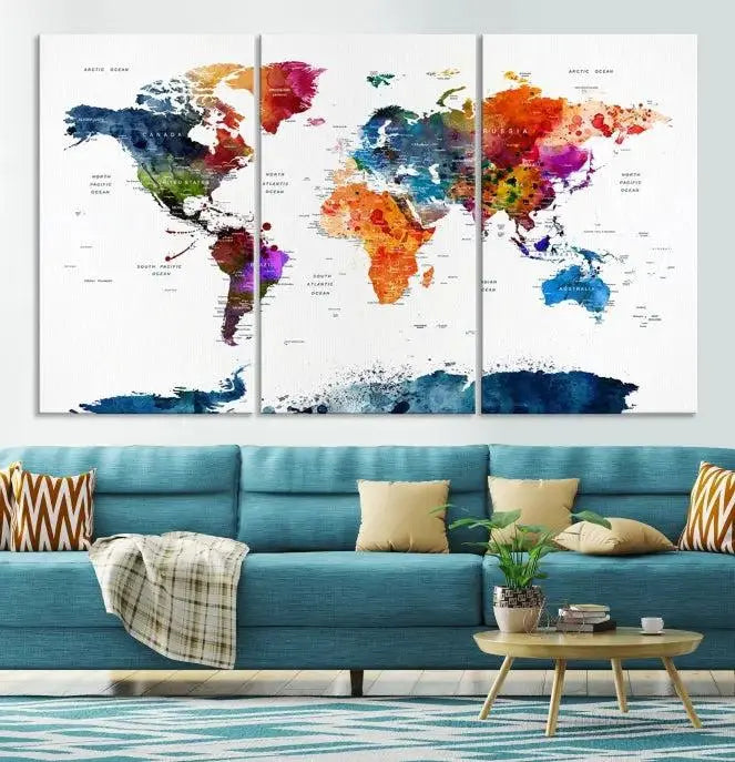 Bold & Colorful World Map Multi-Panel Framed Canvas Print | Ready to Hang Art for Living Room & Office | Modern Geographical Wall Decor