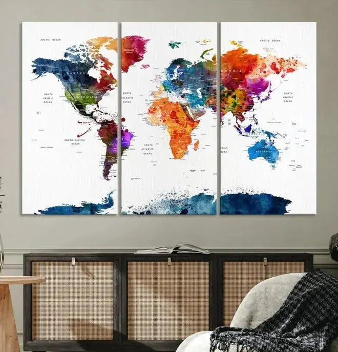 Bold & Colorful World Map Multi-Panel Framed Canvas Print | Ready to Hang Art for Living Room & Office | Modern Geographical Wall Decor