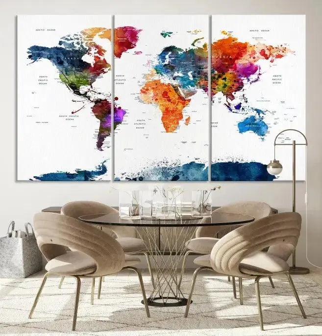 Bold & Colorful World Map Multi-Panel Framed Canvas Print | Ready to Hang Art for Living Room & Office | Modern Geographical Wall Decor