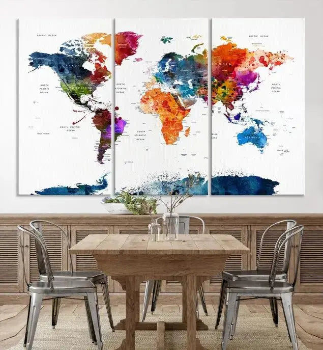Bold & Colorful World Map Multi-Panel Framed Canvas Print | Ready to Hang Art for Living Room & Office | Modern Geographical Wall Decor