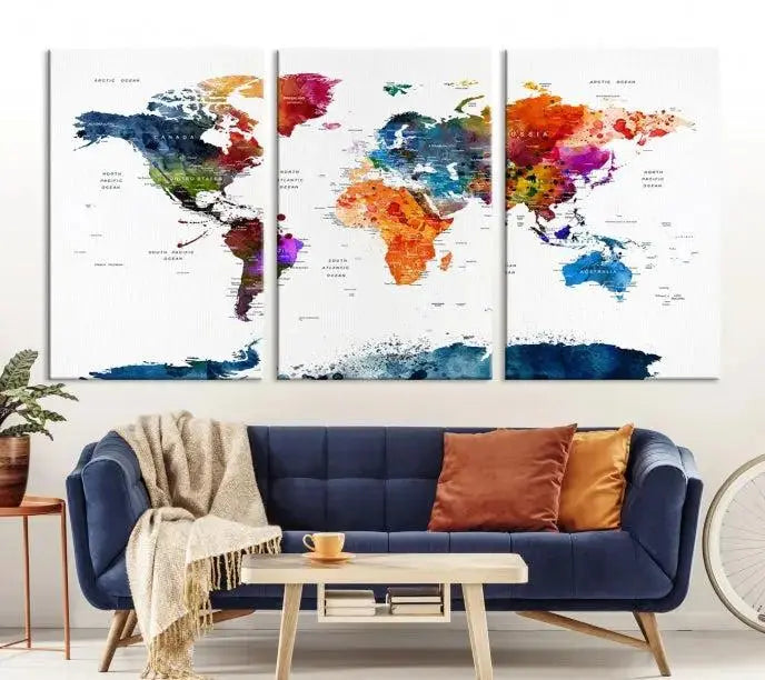 Bold & Colorful World Map Multi-Panel Framed Canvas Print | Ready to Hang Art for Living Room & Office | Modern Geographical Wall Decor