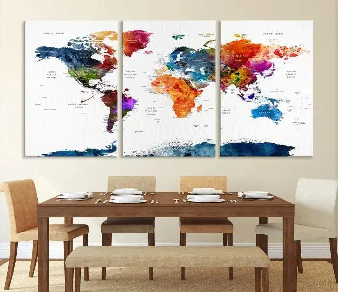 Bold & Colorful World Map Multi-Panel Framed Canvas Print | Ready to Hang Art for Living Room & Office | Modern Geographical Wall Decor
