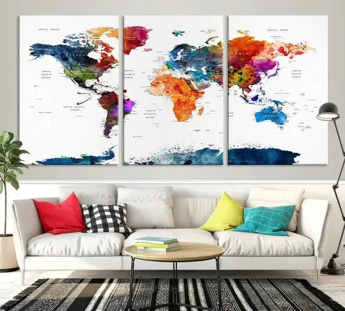 Bold & Colorful World Map Multi-Panel Framed Canvas Print | Ready to Hang Art for Living Room & Office | Modern Geographical Wall Decor