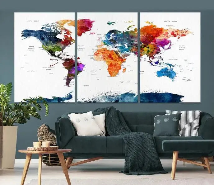 Bold & Colorful World Map Multi-Panel Framed Canvas Print | Ready to Hang Art for Living Room & Office | Modern Geographical Wall Decor