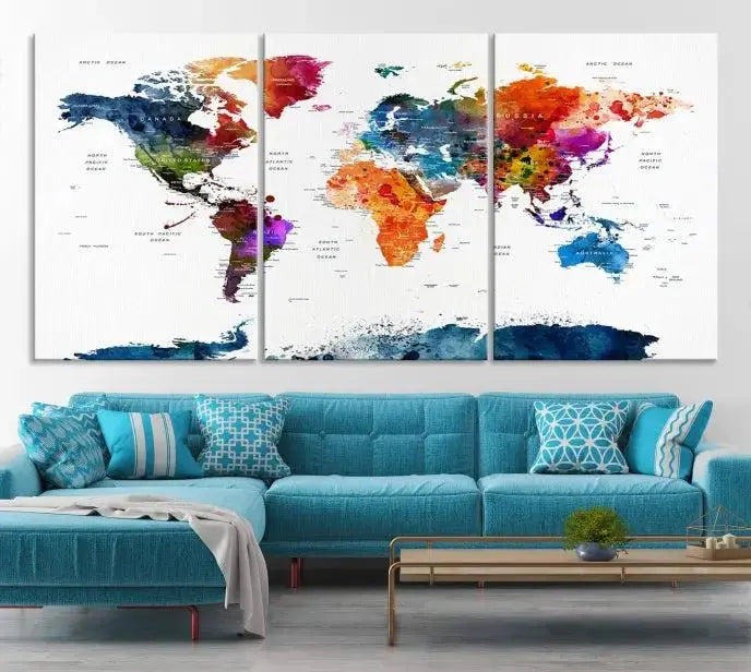 Bold & Colorful World Map Multi-Panel Framed Canvas Print | Ready to Hang Art for Living Room & Office | Modern Geographical Wall Decor