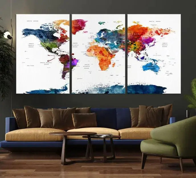 Bold & Colorful World Map Multi-Panel Framed Canvas Print | Ready to Hang Art for Living Room & Office | Modern Geographical Wall Decor