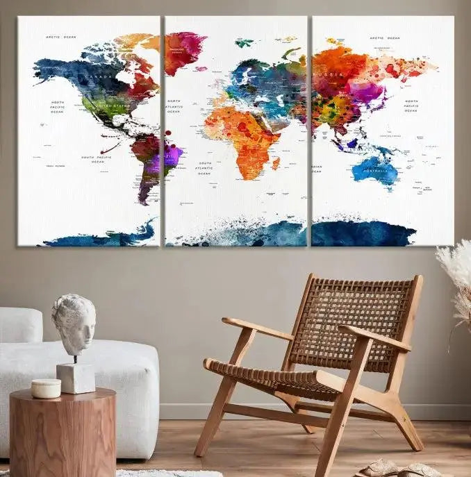 Bold & Colorful World Map Multi-Panel Framed Canvas Print | Ready to Hang Art for Living Room & Office | Modern Geographical Wall Decor