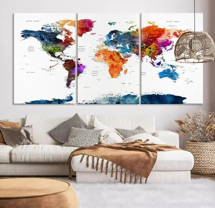 Bold & Colorful World Map Multi-Panel Framed Canvas Print | Ready to Hang Art for Living Room & Office | Modern Geographical Wall Decor