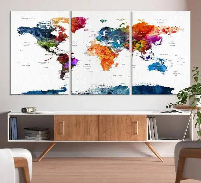 Bold & Colorful World Map Multi-Panel Framed Canvas Print | Ready to Hang Art for Living Room & Office | Modern Geographical Wall Decor