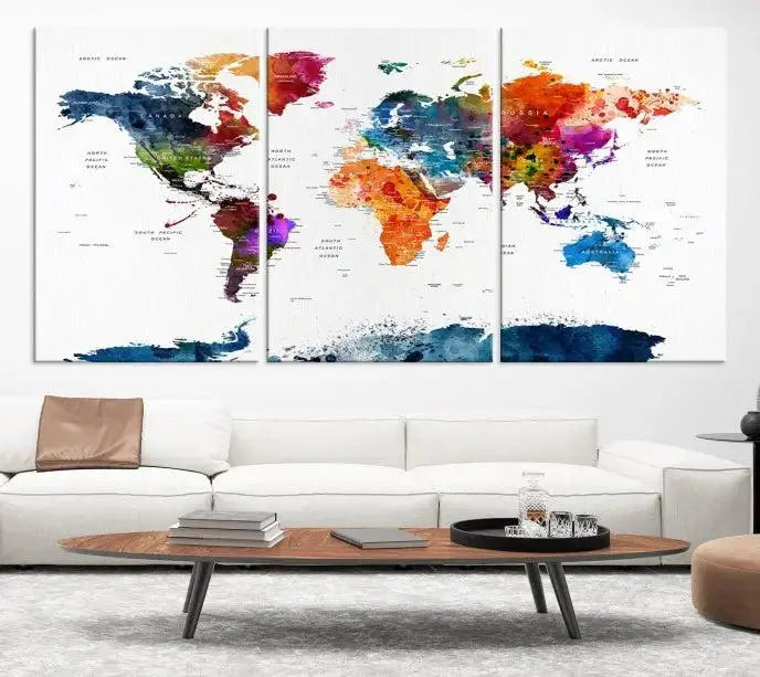 Bold & Colorful World Map Multi-Panel Framed Canvas Print | Ready to Hang Art for Living Room & Office | Modern Geographical Wall Decor