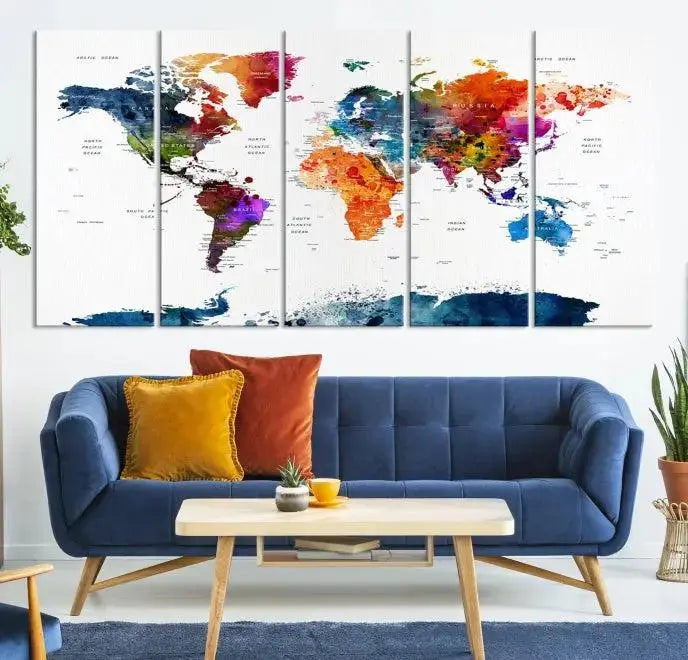 Bold & Colorful World Map Multi-Panel Framed Canvas Print | Ready to Hang Art for Living Room & Office | Modern Geographical Wall Decor