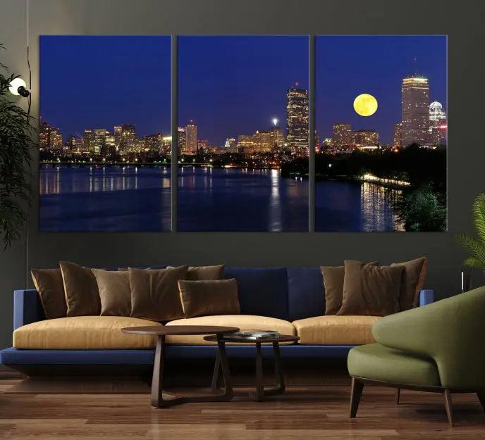 Boston City Lights Full Moon Night Skyline Cityscape View Wall Art Canvas Print 