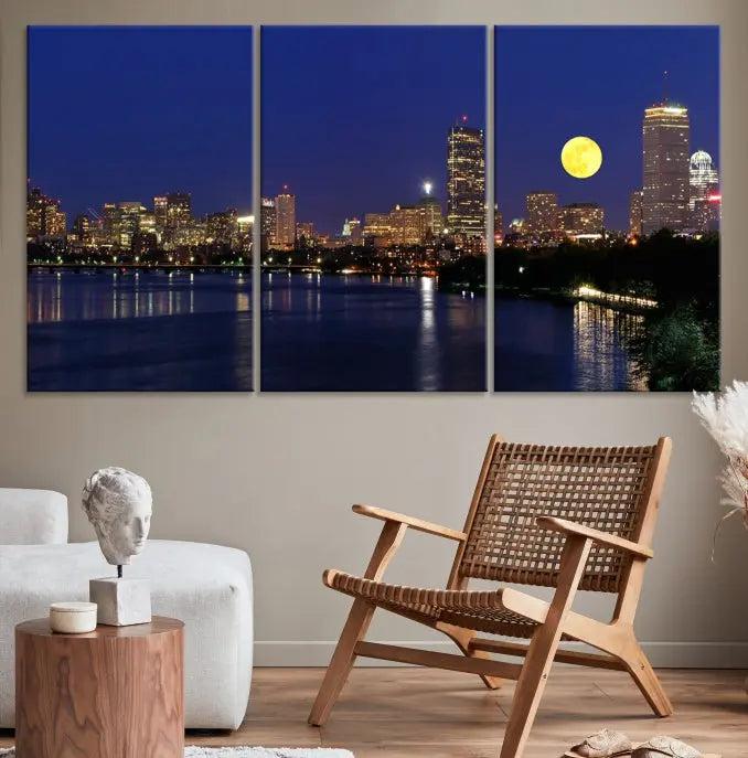 Boston City Lights Full Moon Night Skyline Cityscape View Wall Art Canvas Print 