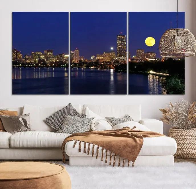 Boston City Lights Full Moon Night Skyline Cityscape View Wall Art Canvas Print 